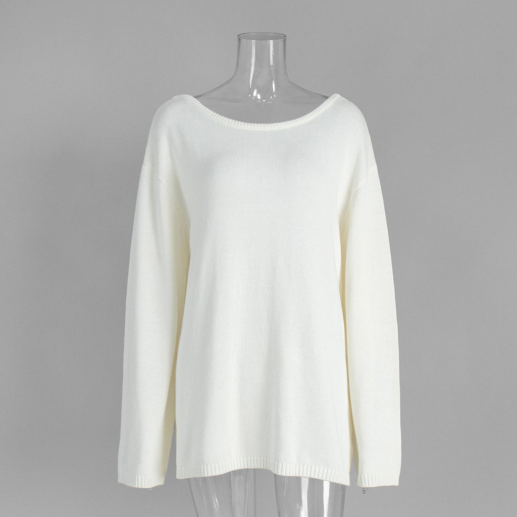 Oversized Open-Back Cotton Knit Sweater in Cream — front view