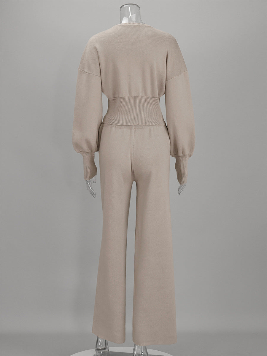 Zip-Front Balloon-Sleeve Knit Top & Drawstring Wide-Leg Pants Set in Oat — set back view