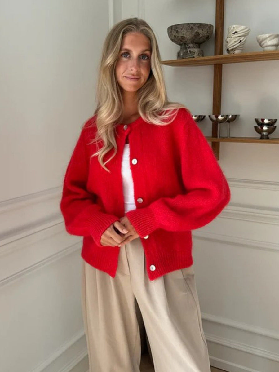 Soft Fuzzy Crew Neck Button Cardigan in Red — front view on model
