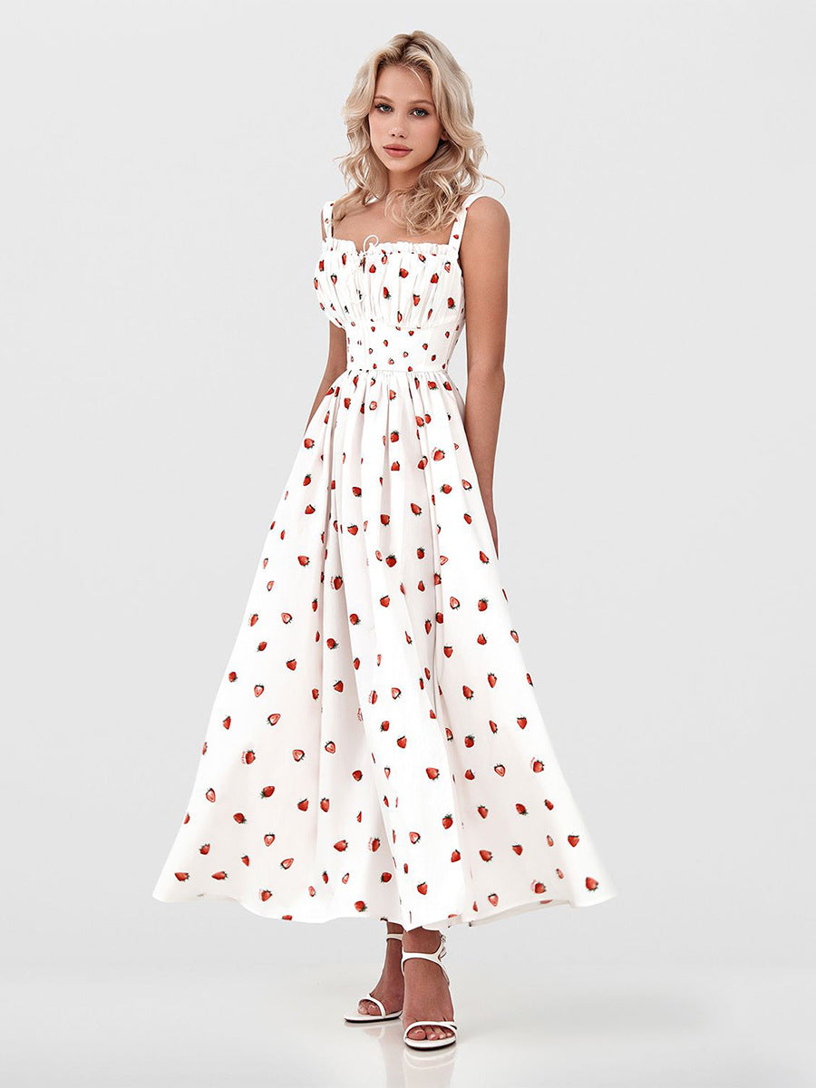 Printed Tie-Strap Maxi Dress with Side Slit in Strawberry Print — side view, studio