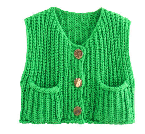Gold-Button Chunky Knit Vest in Green — flat front view