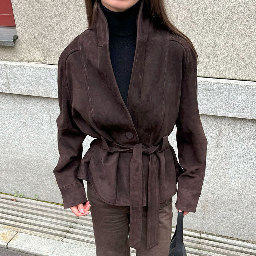 Belted Faux Suede Jacket with Shawl Collar in Espresso — front view on model, belted