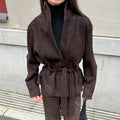 Belted Faux Suede Jacket with Shawl Collar in Espresso — front view on model, belted