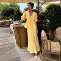 Tie-Front Puff-Sleeve Top & Maxi Skirt Set in Butter Yellow — front view on model