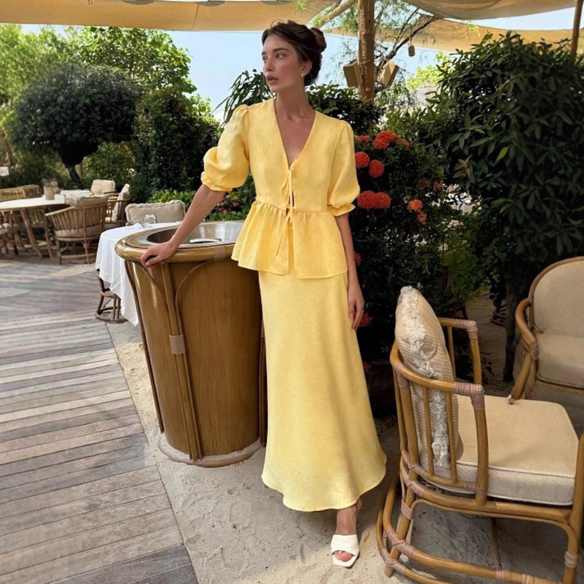 Tie-Front Puff-Sleeve Top & Maxi Skirt Set in Butter Yellow — front view on model