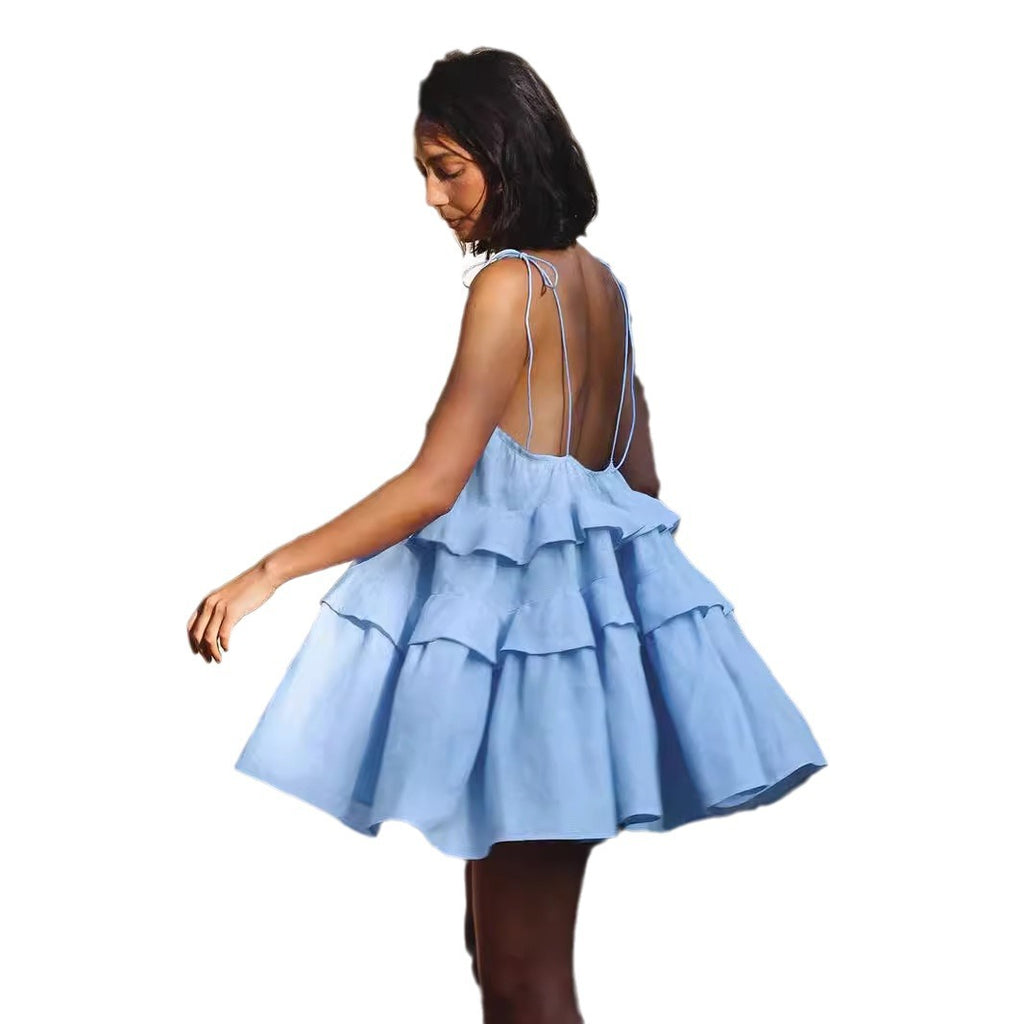 Tiered Ruffle Tie-Strap Mini Dress in Light Blue — side view, cutout