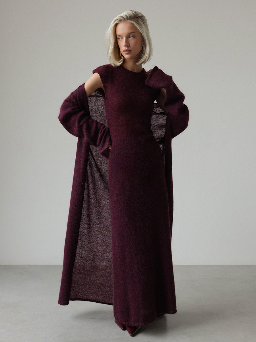 Airy Knit Long Cardigan & Sleeveless Maxi Dress Set in Plum — cardigan open over the dress