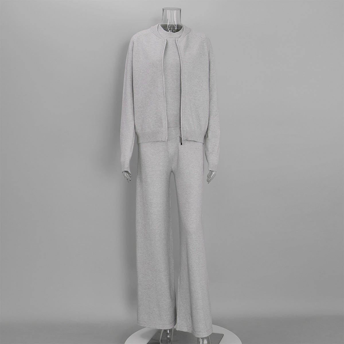 Three-Piece Knit Set: Zip-Up Cardigan, Sleeveless Top & Wide-Leg Pants in Heather Gray — set front view