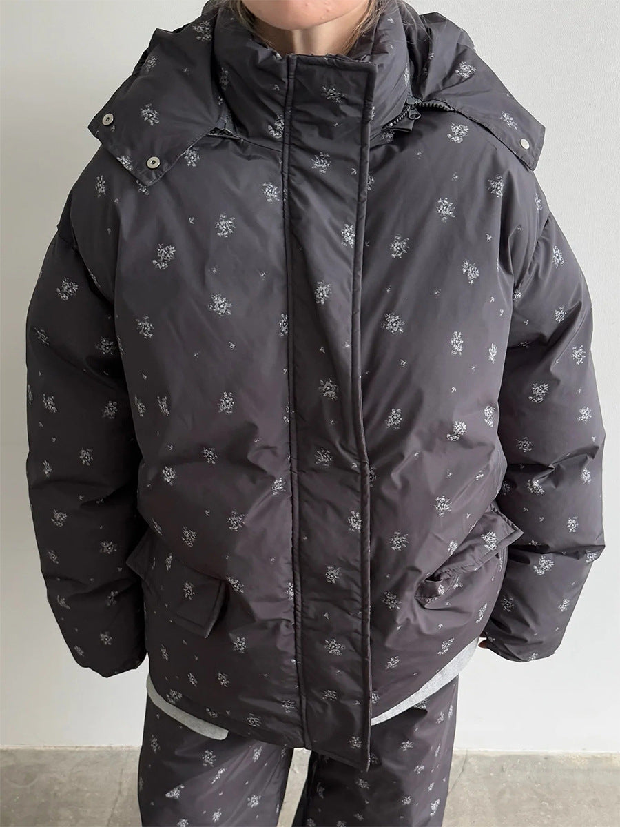 Floral Print Hooded Puffer Jacket & Drawstring Puffer Pants in Black Floral — jacket with stand collar, close front