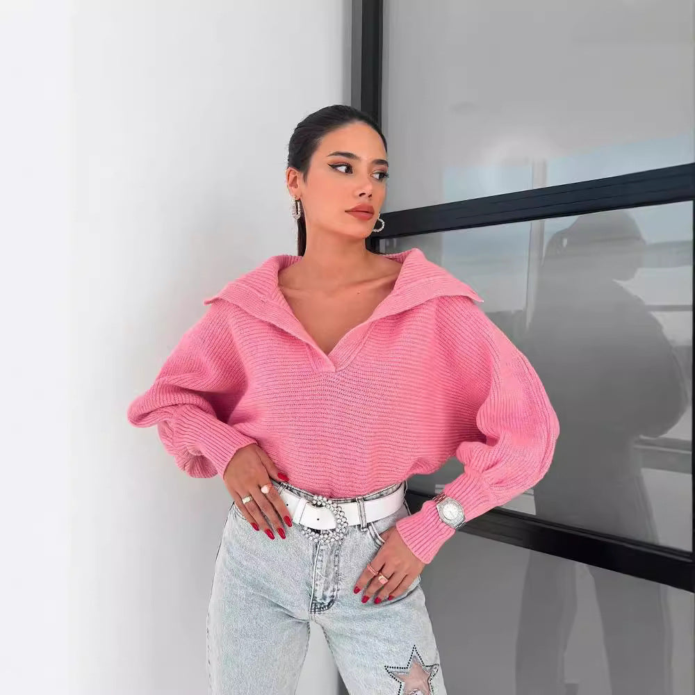 Open-Collar Balloon-Sleeve Cropped Knit Sweater in Pink — front view on model
