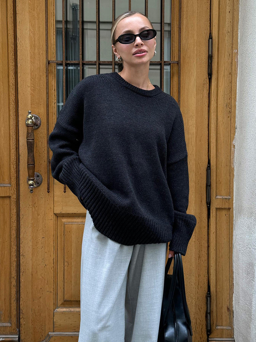 Slouchy Oversized Crew Neck Sweater in Black — front view on model