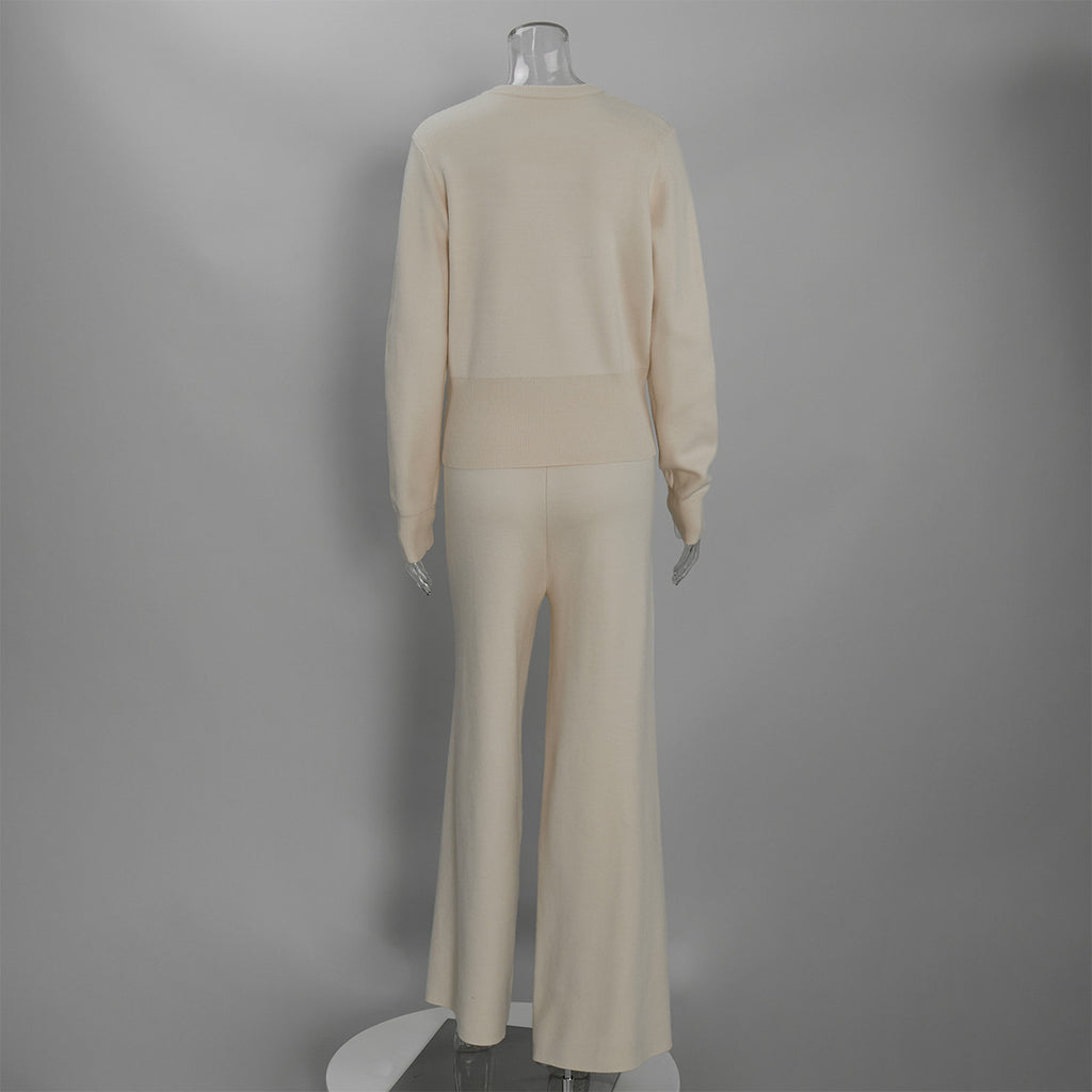 Crew Neck Button Cardigan & Straight-Leg Knit Pants Set in Oat — set back view