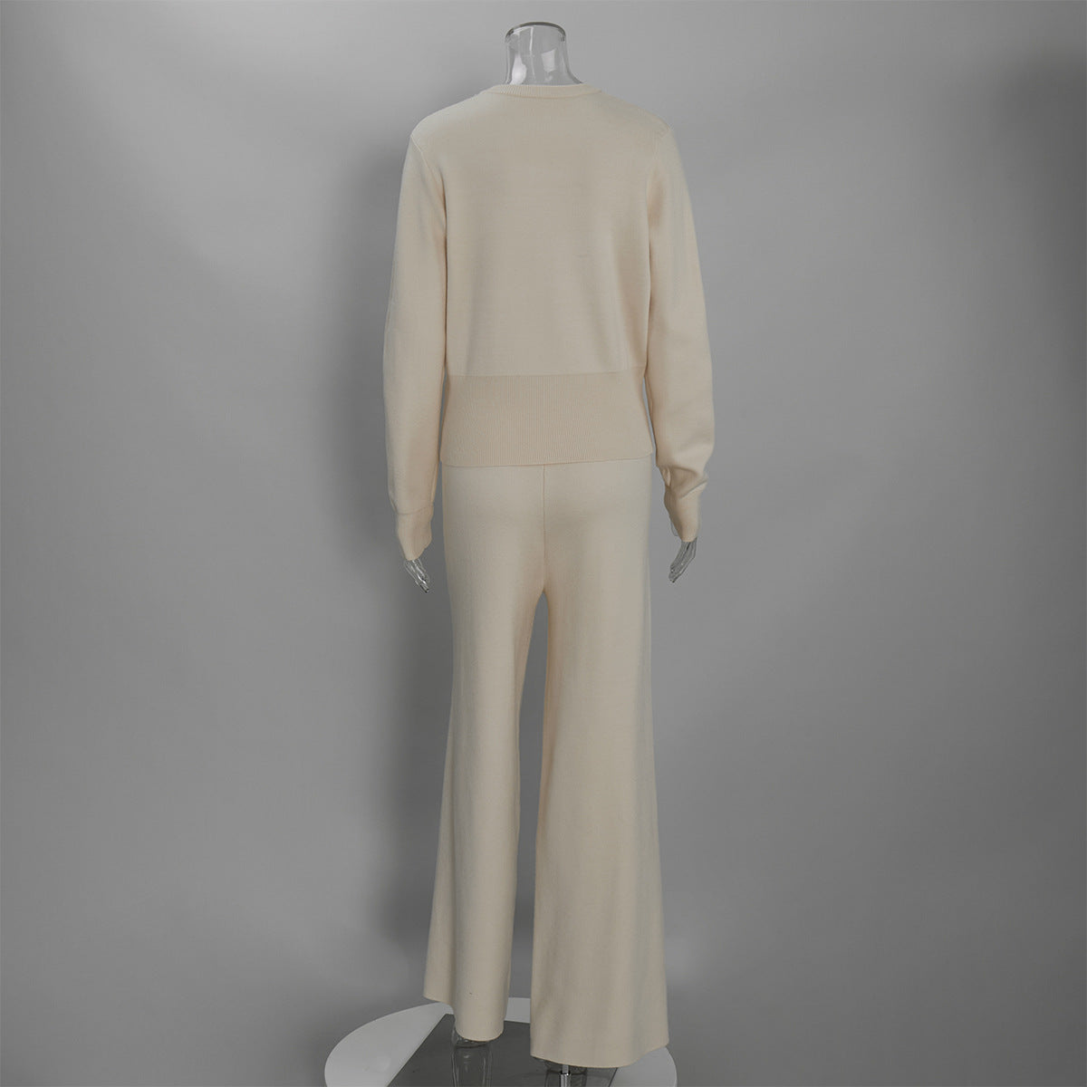 Crew Neck Button Cardigan & Straight-Leg Knit Pants Set in Oat — set back view