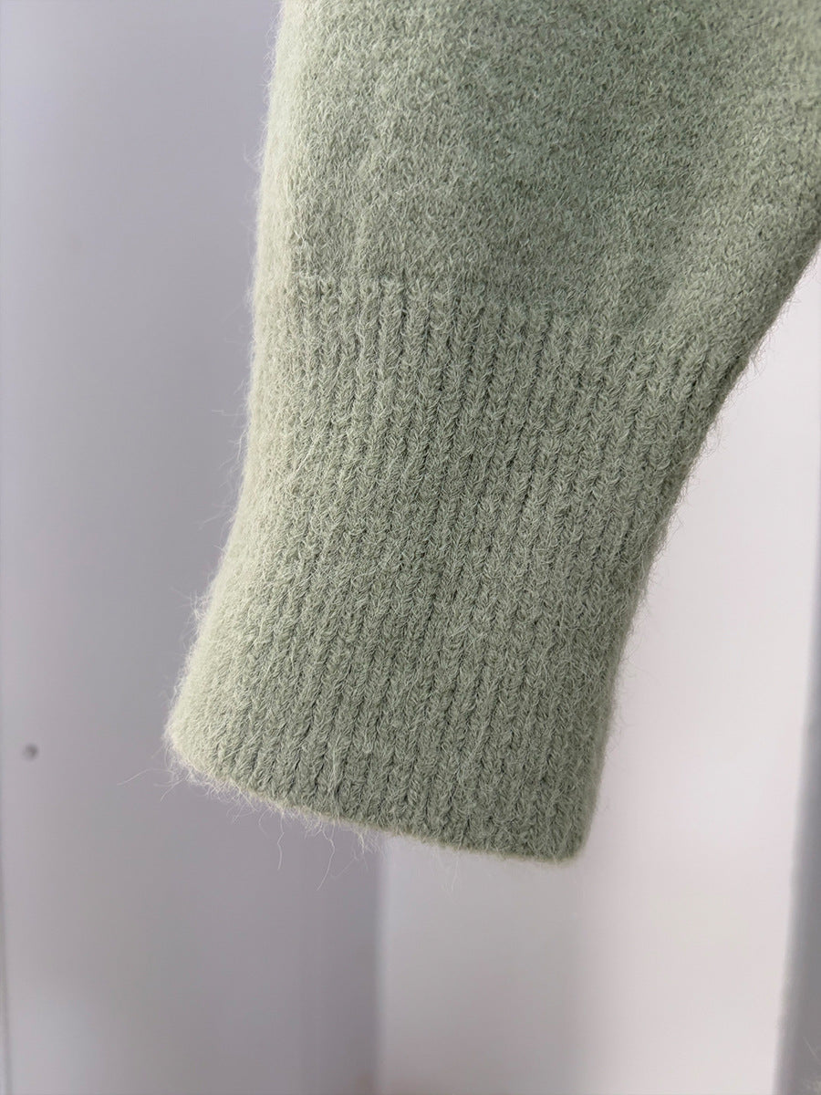 Stand Collar Zip-Up Knit Cardigan & Midi Skirt Set in Sage Green — close-up of the ribbed cuff