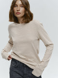 Striped Cotton Crew Neck Long Sleeve Tee in Oat Stripe — front view on model