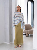 Relaxed Striped Long Sleeve Knit Top in Blue Stripe — front view on model or garment