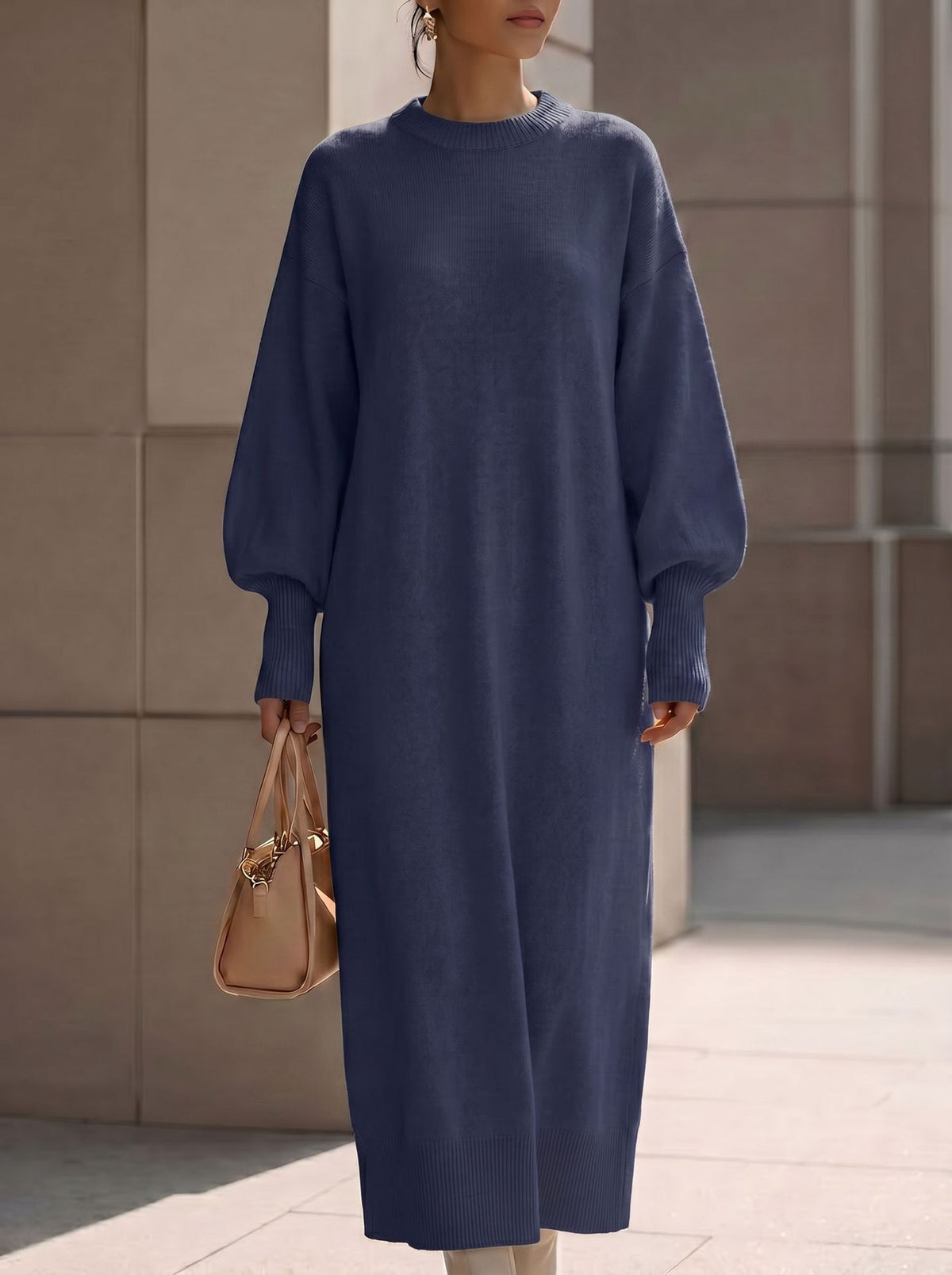 Balloon-Sleeve Knit Maxi Sweater Dress in Navy — full-length view on model