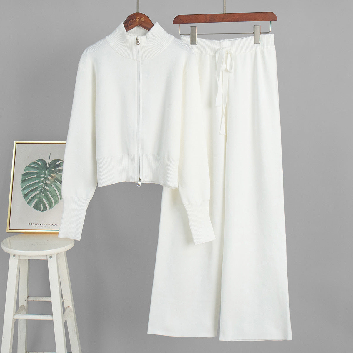 Knit Zip-Up Jacket & Wide-Leg Pants Two-Piece Set in Ivory — front view