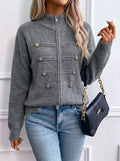 Military-Style Zip-Up Knit Cardigan in Charcoal — front view on model