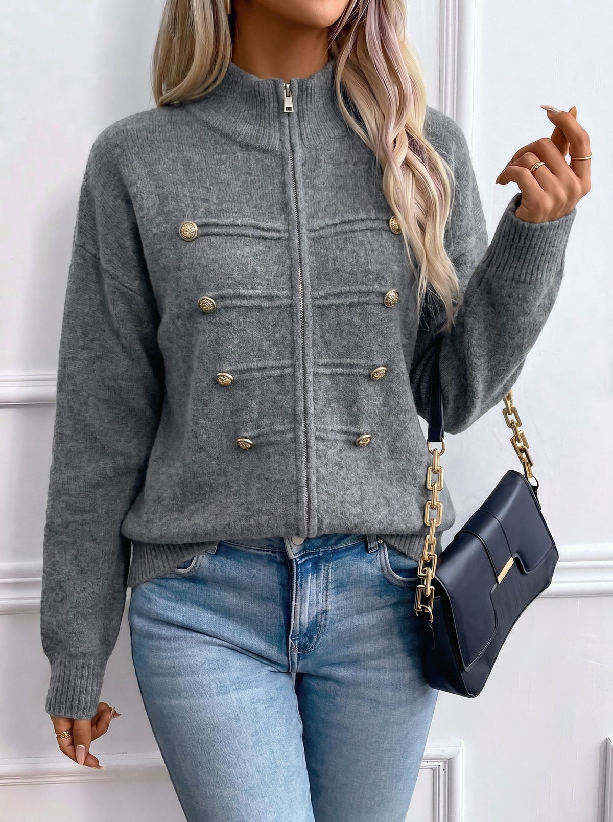 Military-Style Zip-Up Knit Cardigan in Charcoal — front view on model