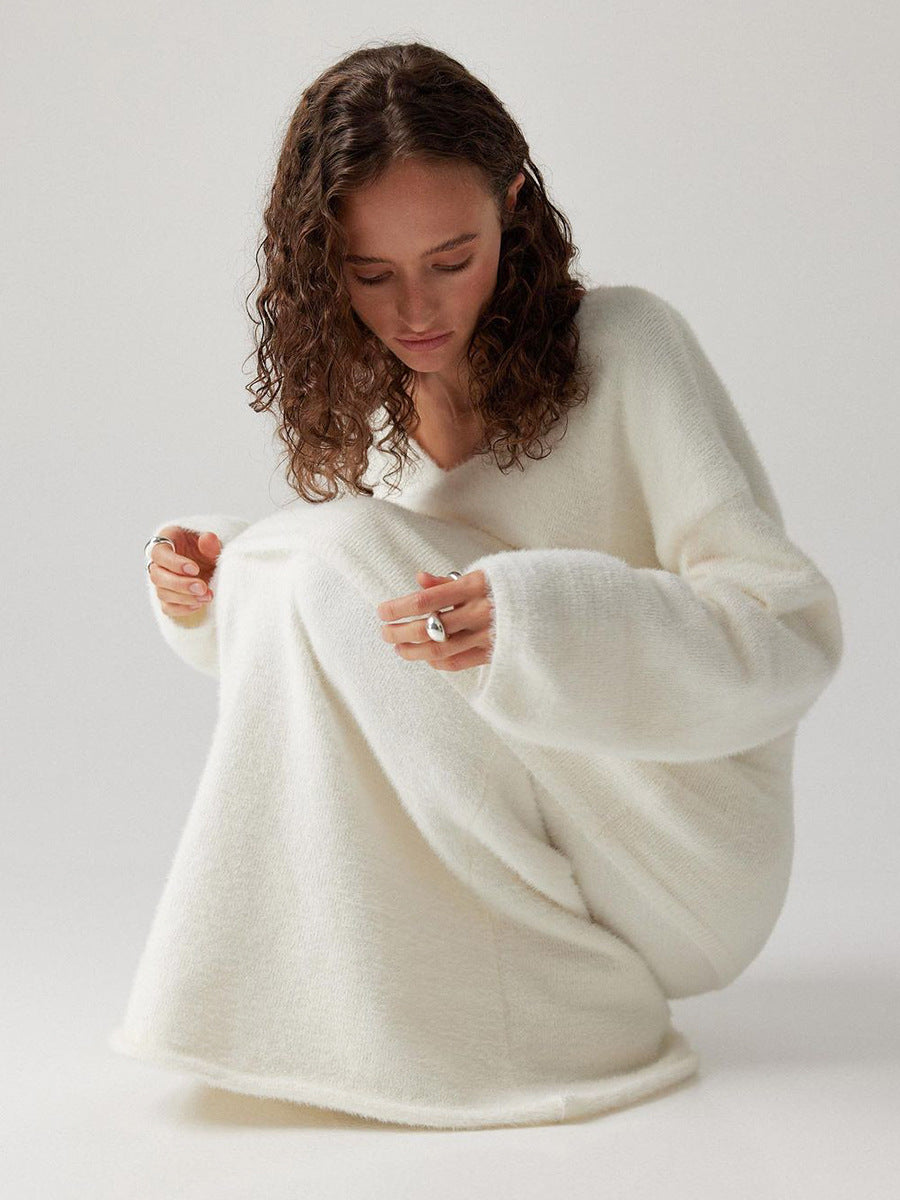 Soft Fuzzy V-Neck Sweater & Knit Maxi Skirt Set in Ivory — seated view on model
