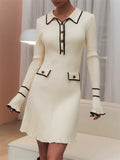 Contrast-Trim Collared Knit Mini Dress in Ivory — front view on model or garment