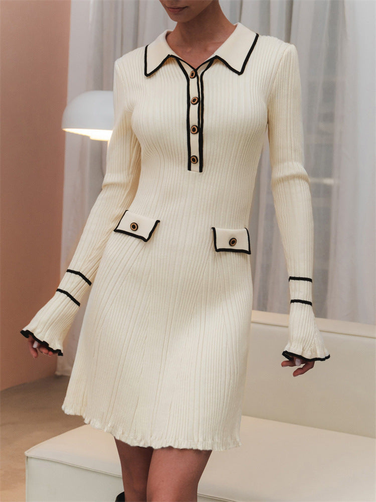 Contrast-Trim Collared Knit Mini Dress in Ivory — front view on model or garment