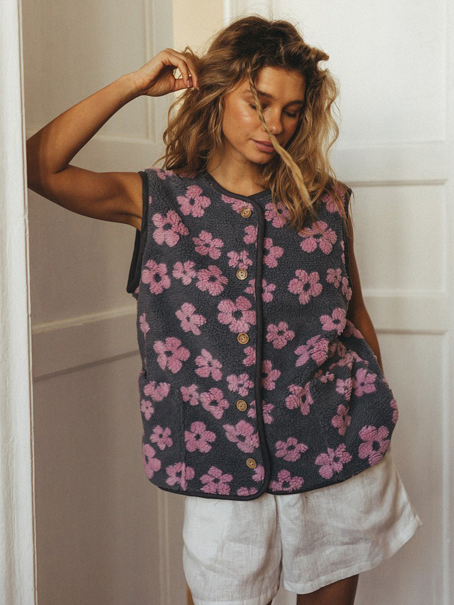 Floral Sherpa Fleece Button Vest with Pockets in Charcoal & Pink Floral — front view on model