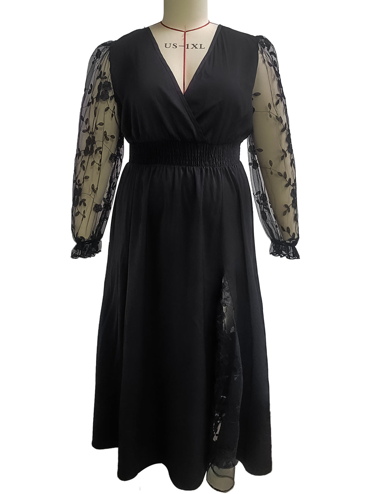 Plus-Size Lace-Sleeve V-Neck Maxi Gown with Slit in Black — front view on mannequin