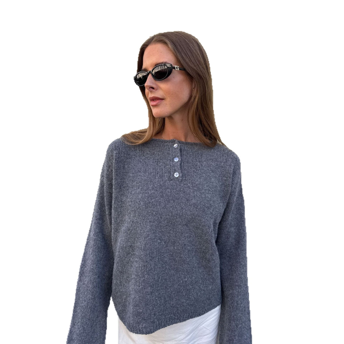Relaxed Henley Sweater with Button Placket in Charcoal Gray — front view on model, cut out