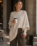 Oversized Batwing Crew-Neck Sweater in Oatmeal — front view on model