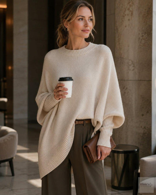 Oversized Batwing Crew-Neck Sweater in Oatmeal — front view on model