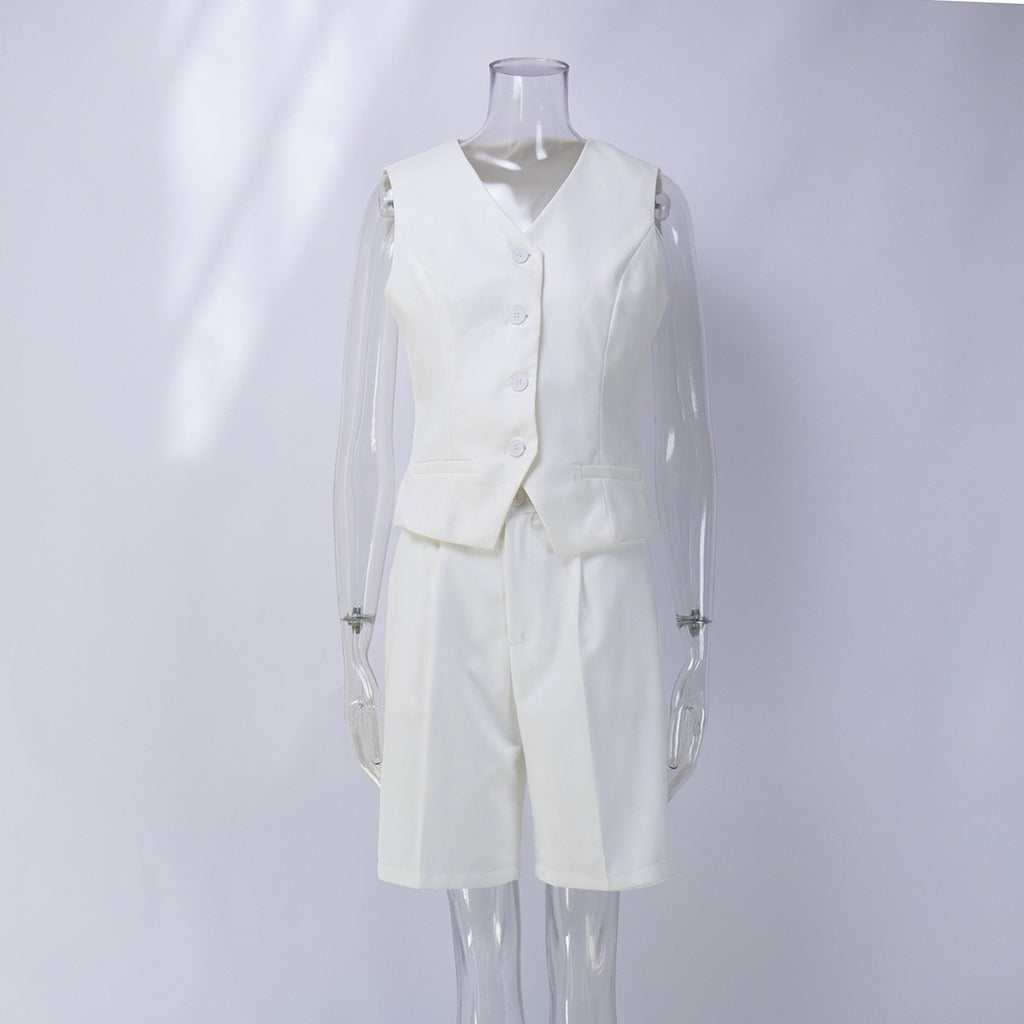 V-Neck Vest & Pleated Shorts Set in White — front view on mannequin