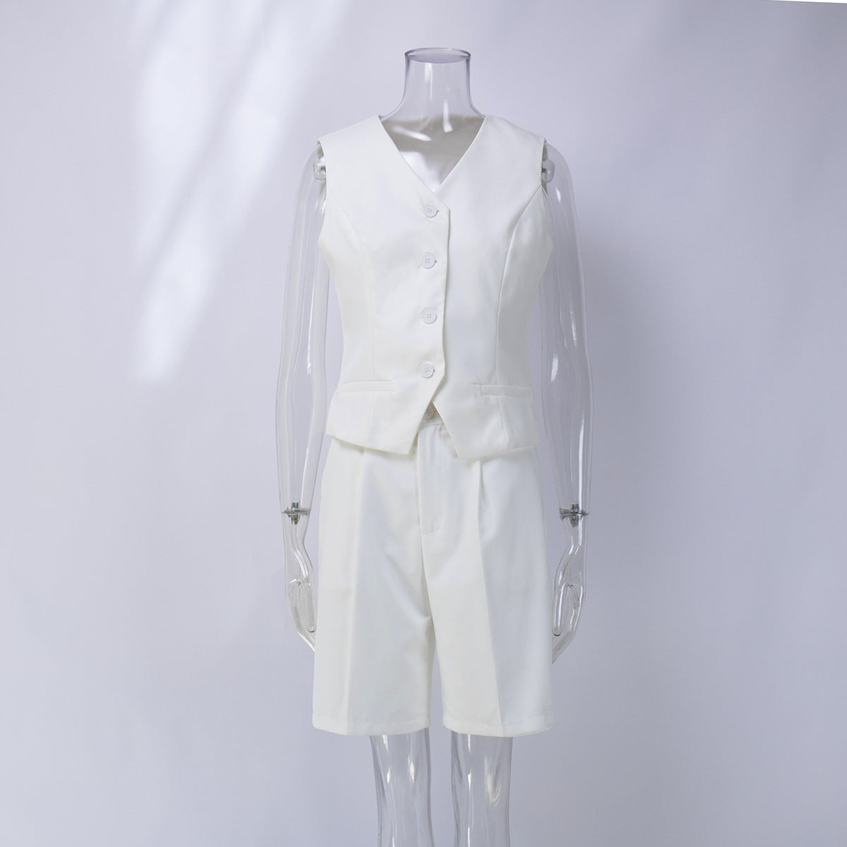 V-Neck Vest & Pleated Shorts Set in White — front view on mannequin