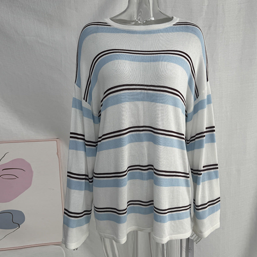 Relaxed Striped Long Sleeve Knit Top in Blue Stripe — front view on mannequin