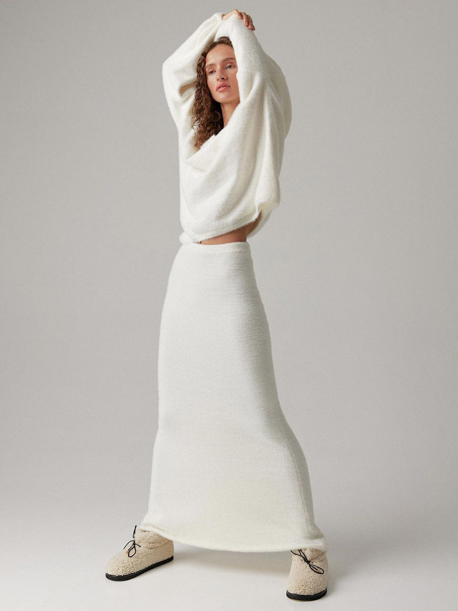 Soft Fuzzy V-Neck Sweater & Knit Maxi Skirt Set in Ivory — full-length front view on model