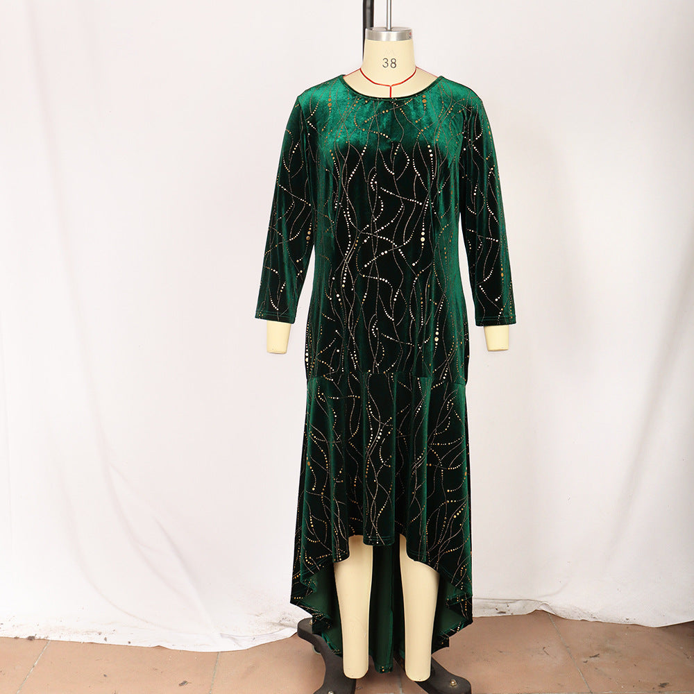 Plus-Size Velvet Mermaid Dress with High-Low Hem in Green — front view on mannequin