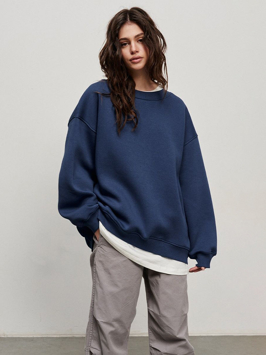 Oversized Heavyweight Crew Neck Sweatshirt in Navy — on model with gray trousers