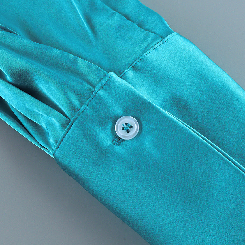 Fitted Stretch Satin Button-Up Shirt in Teal — close-up of the buttoned cuff
