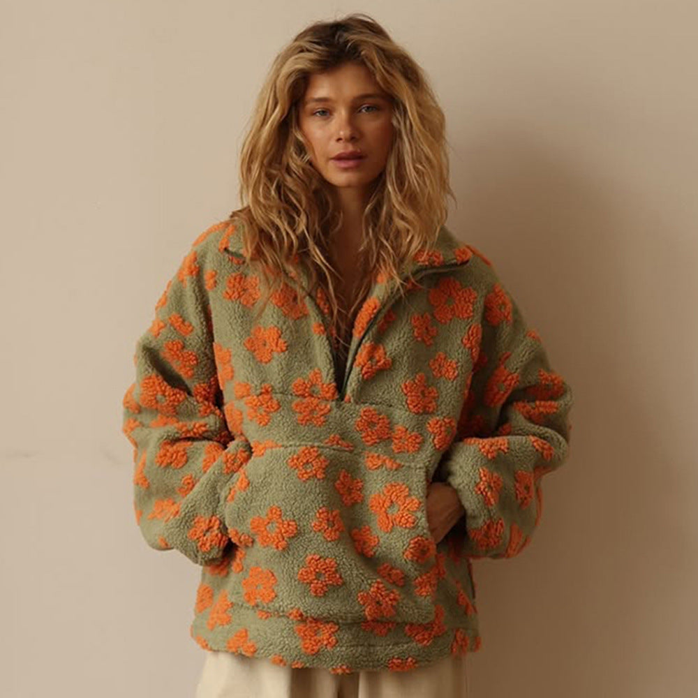 Floral Fleece Half-Zip Pullover Sweatshirt in Sage Orange Floral — on model