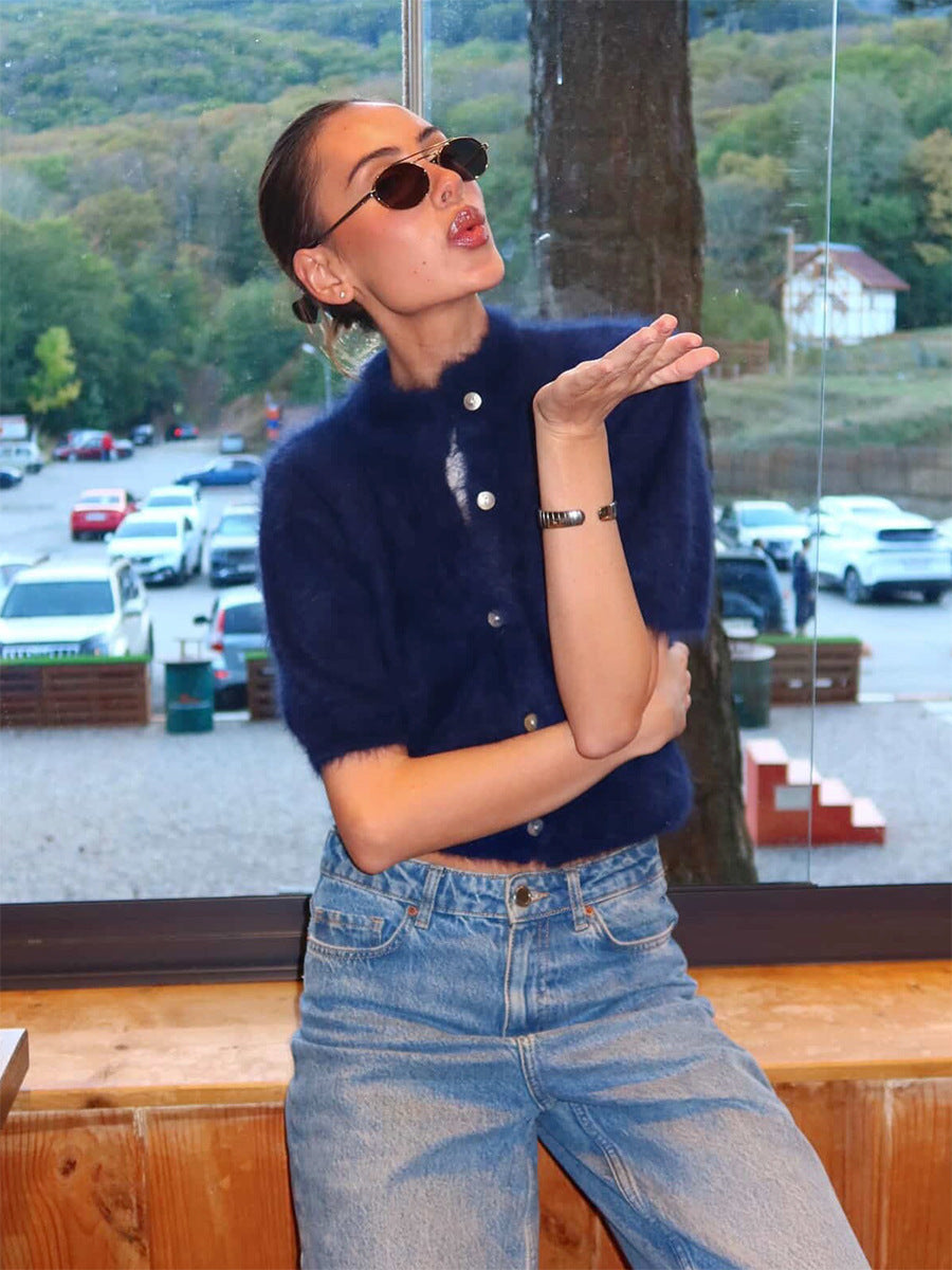 Fuzzy Knit Short Sleeve Cardigan with Mock Neck in Navy — front view on model with jeans