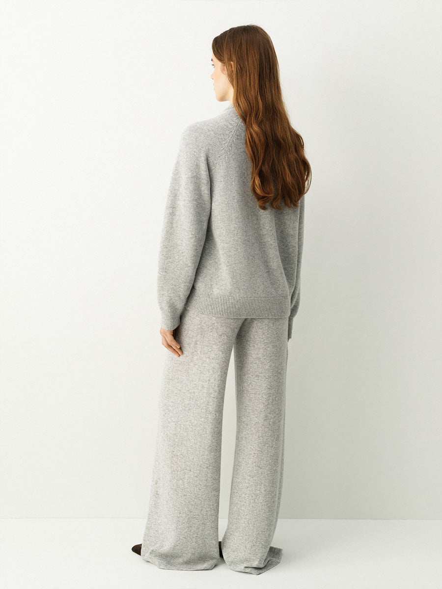 Three-Piece Knit Set: Zip-Up Cardigan, Sleeveless Top & Wide-Leg Pants in Heather Gray — back view on model