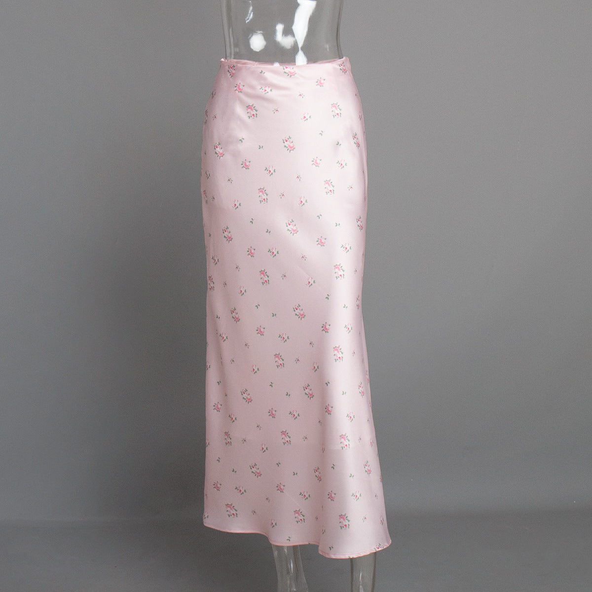 Floral Satin Maxi Skirt in Pink Floral — front view on mannequin