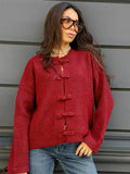 Boxy Knot-Button Crew Neck Cardigan in Red — front view on model