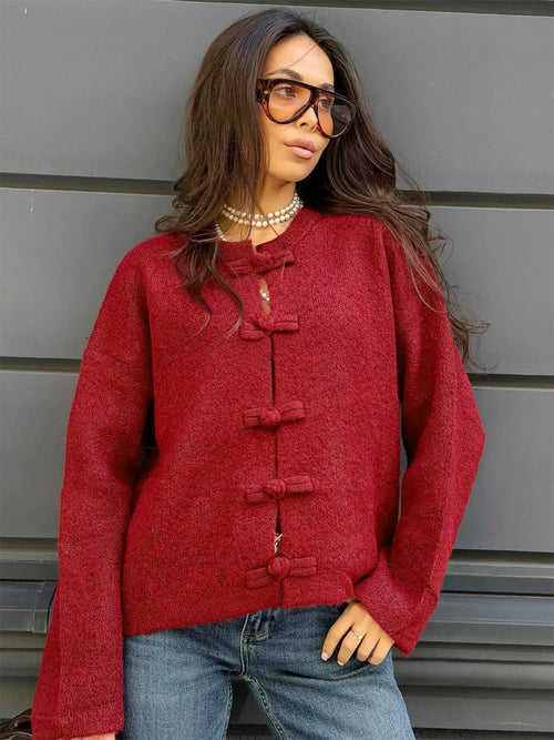 Boxy Knot-Button Crew Neck Cardigan in Red — front view on model