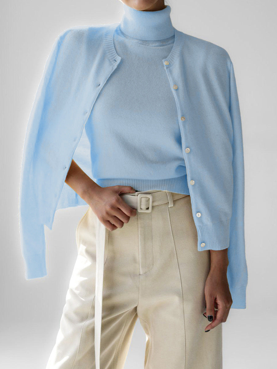 Sleeveless Turtleneck Knit Top & Cardigan Twin Set in Sky Blue — set on model with cream trousers