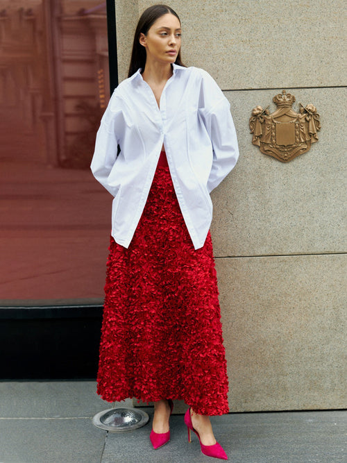 3D Rose Petal A-Line Maxi Skirt in Red — worn with a white shirt