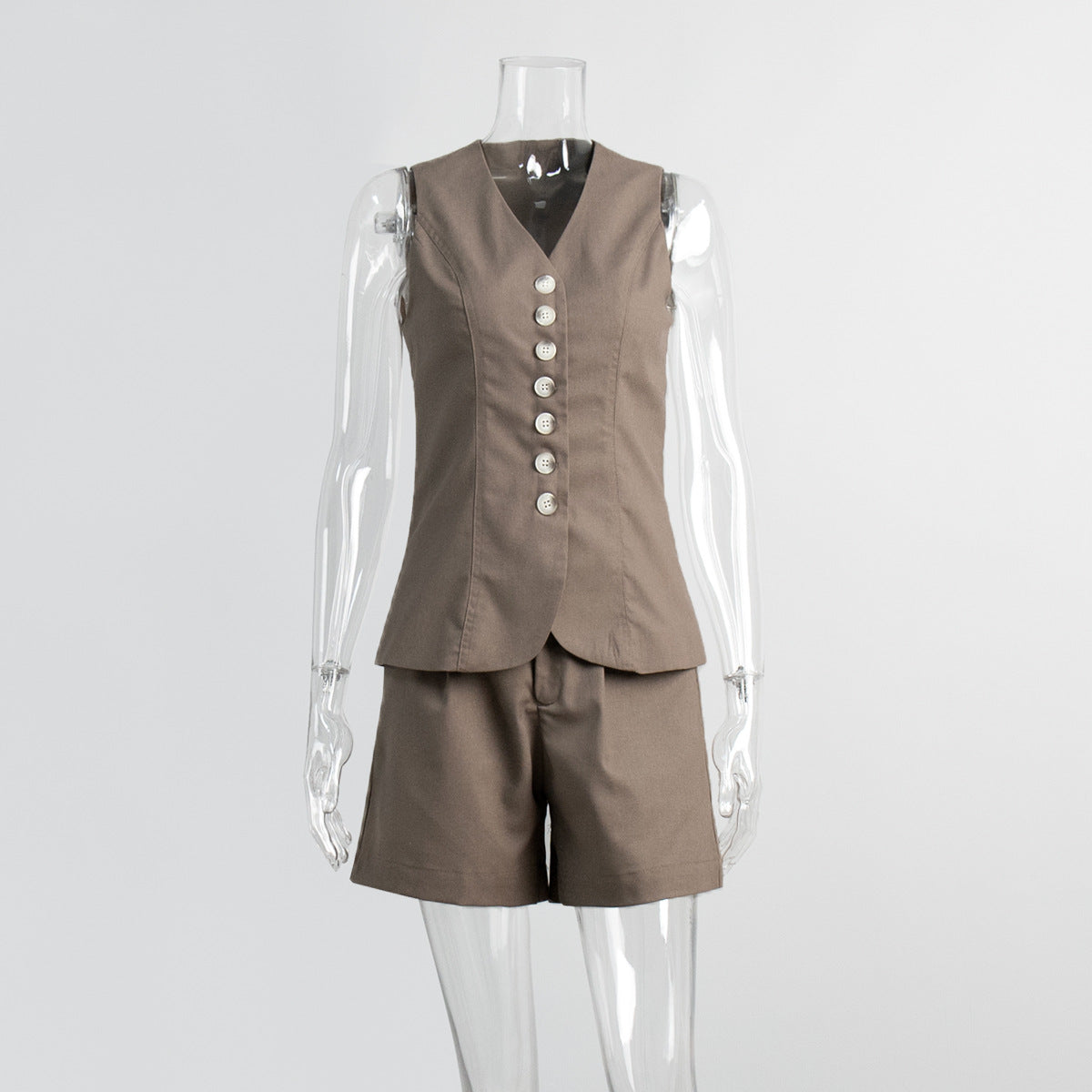 Linen-Blend Vest & Pleated Shorts Set in Dark Brown — front view on mannequin