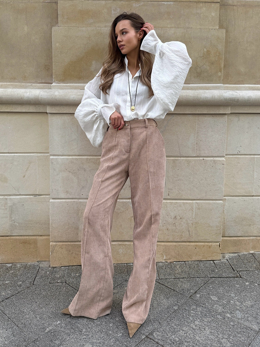 Cotton Corduroy Wide-Leg Pants with Pintuck Front in Light Khaki — full-length front view on model