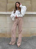 Cotton Corduroy Wide-Leg Pants with Pintuck Front in Light Khaki — full-length front view on model